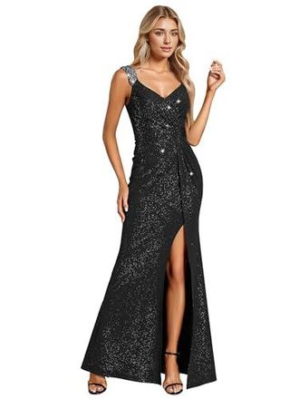 Robe De Soirée Femme Moulante à Sequins - Col V, Fendu, Bandoulière - Taille élastique Midi