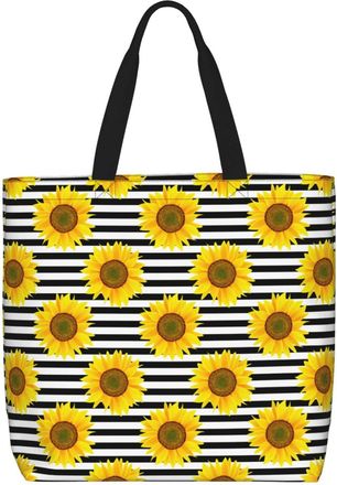 Generic Women Handbag Stripes Sunflowers Ladies Shopping Shoulder Bag Waterproof Reusable Beach Travel Bags, For Graduation, Work, Daily, Holiday, Christmas