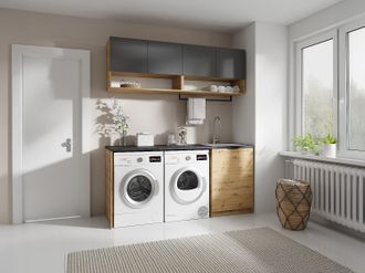Vente-Unique Mobili per lavanderia con lavatrice e piano di lavoro L182 cm Antracite e Naturale chiaro NATAJI