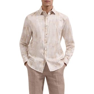 Bugatchi Julian Shaped Fit Brushstroke Print Stretch Cotton Button-Up Shirt in Almond at Nordstrom, Size Xxx-Large