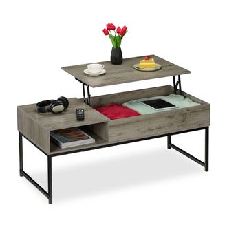 Relaxdays Mesa De Centro Abatible, Mesita Baja, 45x110x50 Cm, Compartimento Lateral Y De Almacenamiento, Metal, Gris - Relaxdays