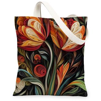 Generic Spring Quilting Paper Tulip Flower Canvas Tote Bag for Shopping 13x15, Floral Wildflower Reusable Grocery Print Pattern Bag for Women Men, Garden Aest