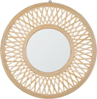Beliani Beliani - Espejo de pared madera clara redondo 60 cm marco hecho a mano bambú blanco geométrico diamante boho rústico Bacata