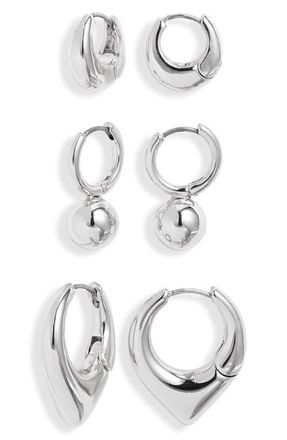 Open Edit Set of 3 Geometric Huggie Hoop Earrings in Silver at Nordstrom