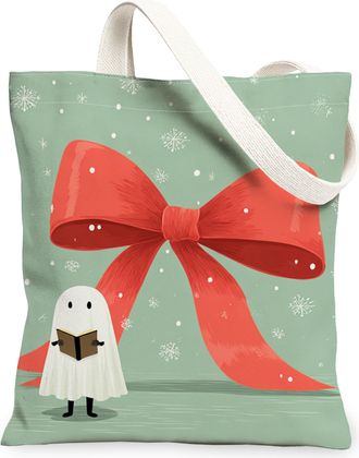 Generic Christmas Ghost Canvas Tote Bags, Cute Bow Pattern Reusable Grocery Bags, Lightweight Washable Shoulder Strap Canvas for Ou, Green, 13x15 Inch