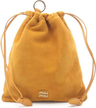 Miu Miu logo-lettering suede pouch bag - Brown