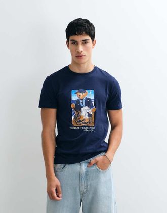 Polo Ralph Lauren T-shirt custom slim fit blu navy con grafica con orsetto