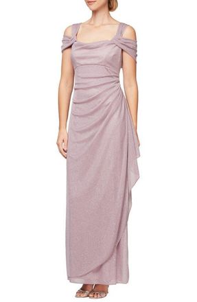 Alex Evenings Cold Shoulder Ruffle Glitter Chiffon Gown in Mauve at Nordstrom, Size 10