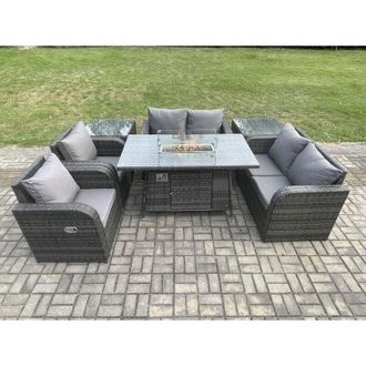 Fimous 6 Seater Rattan Garden Furniture Set Propane Gas Fire Pit Table and Sofa Chair set with 2 Side Tables - Fimous