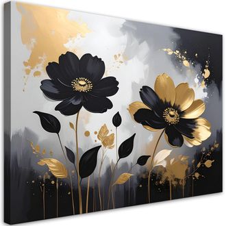 Feeby Cuadro En Lienzo Flores Negras Y Doradas En Una Elegante Composici&oacute;n Glamurosa 100x70