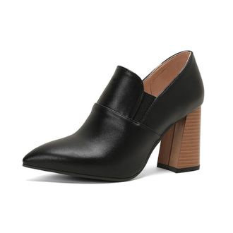 Generic Women Pointed Toe Ankle Shoes Elastic Panel Chunky Ribbed Block Heel Slip On Design Narrow Toe Cap Contrast Heel Detail Non Slip Comfortable Daily Sho