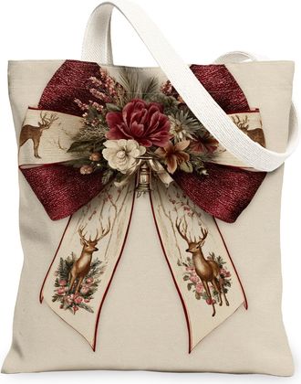 Generic Christmas Deer Canvas Tote Bags, Floral Bow Design Reusable Grocery Bags, Winter Lightweight Washable Shoulder Strap Canvas, Beige, 13x15 Inch