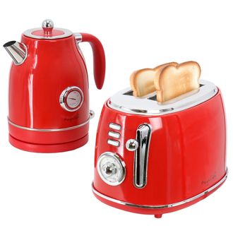 MegaChef 1.8 Quart Electric Tea Kettle and 2 Slice Toaster Combo in Red