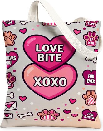 Generic Love Hearts Canvas Tote Bags, Cute Paw Print Design Reusable Grocery Bags, ValentineS Day Fun Lightweight Washable Shoulde, Peach, 13x15 Inch