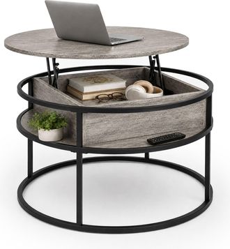 Relaxdays Mesa De Centro Relaxdays Con Almacenaje (al X &Oslash;) 47 X 80 Cm, Tapa Elevable, Mdf/metal, Redonda, Marr&oacute;n Claro/negro