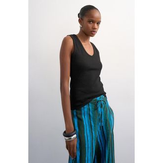 Topshop V-Neck Stretch Cotton Rib Tank in Black at Nordstrom, Size X-Small