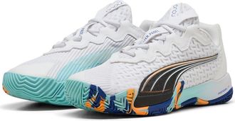 Puma Unisex NOVA Elite Tennis Shoe, White Black-Vivid Blue-Heat FIRE, 11 UK