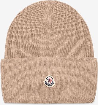 Moncler Rippstrickm&uuml;tze aus Schurwolle mit Umschlag und Logo