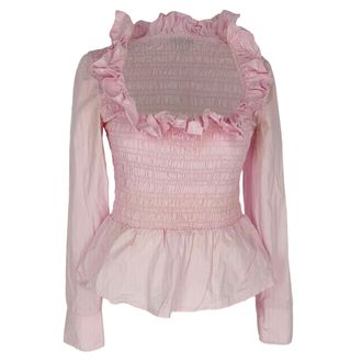 Ganni Ganni Smocked Long Sleeve Blouse in Pink Cotton
