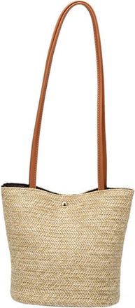 Yardwe Woven Straw Bucket Bag for Women Handmade Shoulder Handbag with Brown Strap Chic Lightweight Summer Beach Bag for Travel Shopping Daily Use and Casual