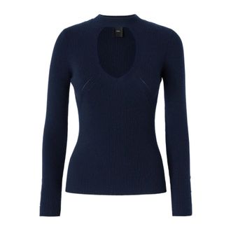 Pinko Geribbelde wollen trui - Dames - Ronde hals truien - Blauw - M - Wol - Truien & Vesten