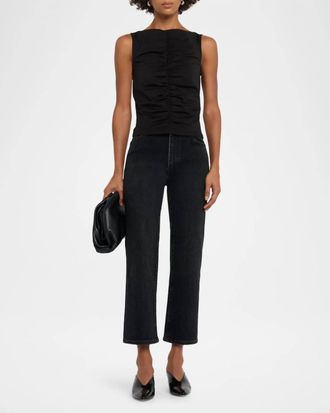 Frame Denim Ruched Sleeveless Top In Black