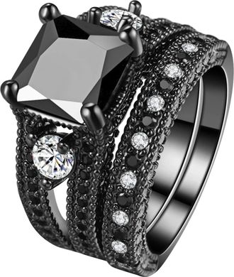 Generic European Gold Plated Ring Set with Black Nano Zircon Elegant Jewelry for Women Stylish Idea (Black, 8)