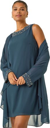 Roman Womens Sparkle Shift Dress & Shrug - Teal - Size 12 UK