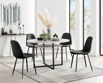 Furniturebox Adley Grey Concrete Effect & Black Round Dining Table with Shelf & 4 Faux Leather Corona Dining Chairs