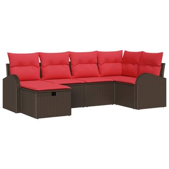 vidaXL Juego De Sof&aacute; Con Coj&iacute;n 6 Pcs Marr&oacute;n Y Rojo Rat&aacute;n Sint&eacute;tico Vidaxl