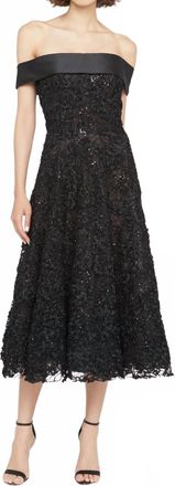 Theia Roxy Off Shoulder A Line Floral Lurex Midi Dress In Black