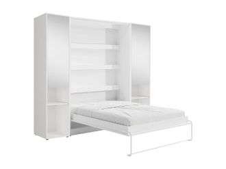 Vente-Unique Cama abatible vertical 140 x 200 cm - 2 columnas de almacenamiento - Con espejos y LEDs - Blanco - RAPILI