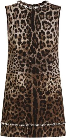 Dolce & Gabbana Jurk met luipaardprint en kristallen versieringen - Dames - Korte kleedjes - Bruin - L - Kleedjes