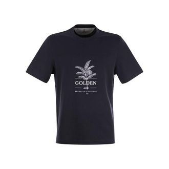 Brunello Cucinelli MenS Navy Graphic Cotton T-Shirt, Size S