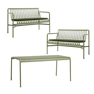 HAY Palissade Tisch + 2x Dining Bench mit Sitzkissen, olive
