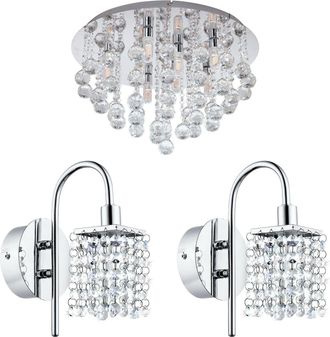 Loops Low Ceiling Light & 2x Matching Wall Lights Chrome & Crystal IP44 Bathroom Lamp