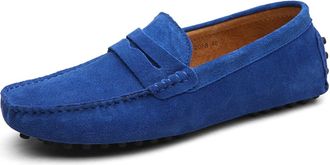 Generic Mens Loafers Genuine Leather Suede Vamp Penny Loafer Stitching Details Round Toe Lightweight Flexible Flat Heel Comfortable Prom Slip-on(Royal Blue,10
