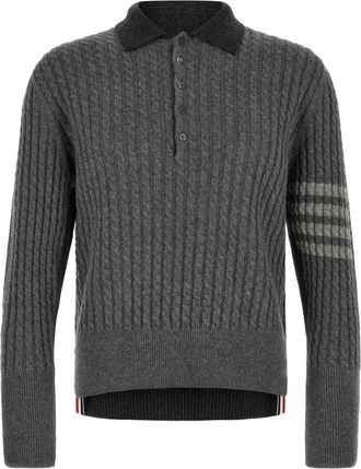 Thom Browne 2-in-1 Trompe loeil Longsleeve Poloshirt - Heren - V-hals truien - Grijs - XL - Wol - Truien & Vesten