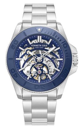 Kenneth Cole Skeleton Automatic Bracelet Watch, 43mm in Silver at Nordstrom