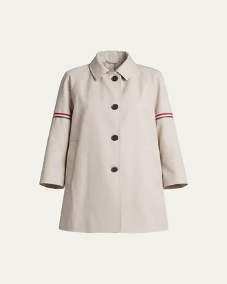 Thom Browne Water-Resistant Twill Cropped-Sleeve Car Coat w/ Striped Armband