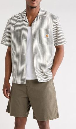 Carhartt Work in Progress Leavel Stripe Seersucker Cotton Blend Button-Up Bowling Shirt in Leavel Stripe/black/wax at Nordstrom, Size Xx-Large
