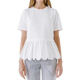 English Factory Mixed Media Scallop Peplum Cotton Top in White at Nordstrom Rack, Size X-Small