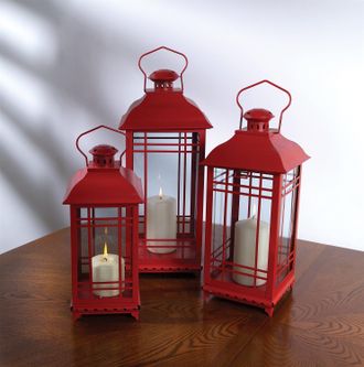 Melrose International Traditional Red Metal Lantern (Set of 3) - Red