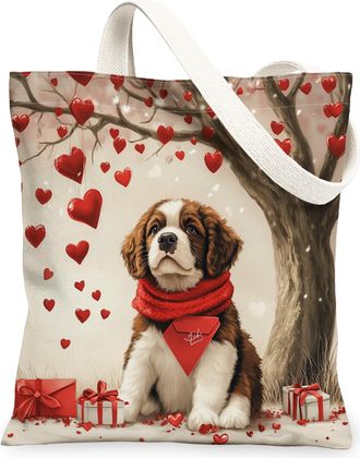Generic Valentines Day Great Pyrenees Dog Canvas Tote Bag for Shopping 13x15, Fun Heart Tree Puppy Reusable Grocery Print Bag for Women, Pet Beach Aesthetic P