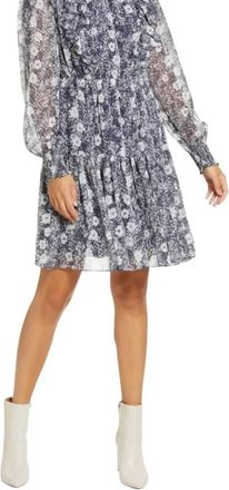 Rachel Parcell Ruffle Tiered Floral Long Sleeve Mini Dress In Navy Blue And White