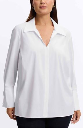 Foxcroft Carla Tie Cuff Cotton Blend Popover Top in White at Nordstrom, Size 1X