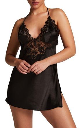 Hunkem&ouml;ller Mya Lace Trim Satin Chemise in Black at Nordstrom, Size Medium