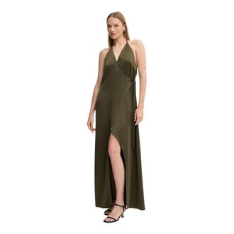 Sandro Ferrone Kleedjes, Dames, Groen, XS, Leer, Halterneck Maxi Jurk