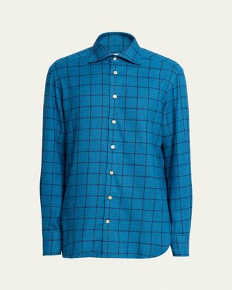 Kiton Mens Cotton Windowpane Check Sport Shirt