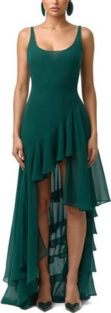 Naked Wardrobe Sleeveless Asymmetric Ruffle High-Low Dress in Pine Green at Nordstrom, Size X-Small